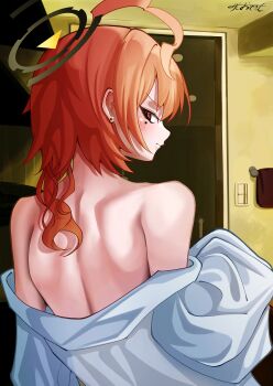 1girl ahoge back blue_archive blush earrings embarrassed from_behind halo huge_ahoge indoors jewelry looking_back medium_hair mole mole_under_eye neru_(blue_archive) norishio791 off-shoulder_shirt off_shoulder orange_hair oversized_clothes oversized_shirt red_eyes shirt solo undressing white_shirt