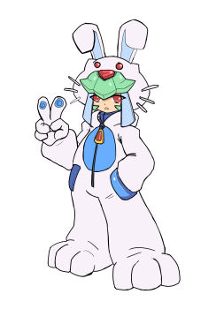 1girl absurdres animal_costume bodysuit forehead_jewel full_body green_hair hand_in_pocket hayebsi highres mega_man_(series) mega_man_zx model_w_(mega_man) pandora_(mega_man) rabbit_costume red_eyes simple_background solo v white_background white_bodysuit