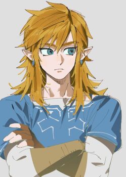 Rule 34 | 1boy, blonde hair, blue eyes, blue tunic, brown gloves, crossed arms, earrings, fingerless gloves, gloves, grey background, hair between eyes, jewelry, link, long hair, male focus, nintendo, pointy ears, shirt, sidelocks, solo, the legend of zelda, the legend of zelda: breath of the wild, tunic, upper body, white shirt, yongsa (y0ngs4)