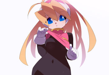 1girl black_bodysuit blonde_hair blue_eyes bodysuit ciel_(mega_man) clothes_lift cowboy_shot gloves high_ponytail kaidou_zx long_hair mega_man_(series) mega_man_zero_(series) pink_shirt ponytail shirt shirt_lift simple_background solo white_background white_gloves