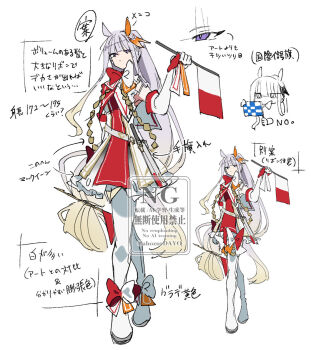 1girl ahozur_dayo animal_ears blunt_bangs blunt_tresses bow bowtie commentary_request dress ear_bow ear_covers grey_hair horse_ears horse_girl long_hair original personification point_flag_(racehorse) ponytail purple_eyes real_life semaphore_flags umamusume white_hair