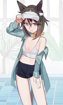 1girl animal_ears bikini bikini_top_only black_hair blue_shirt blue_shorts brown_hair commentary_request hair_between_eyes highres horse_ears horse_girl horse_tail long_hair long_sleeves looking_at_viewer midriff multicolored_hair open_clothes open_shirt parted_lips purple_eyes shirt shorts smile solo solokitsune stay_gold_(umamusume) streaked_hair sweat swimsuit tail umamusume visor_cap white_bikini white_hair