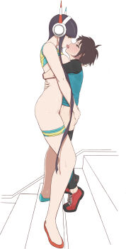 1boy 1girl age_difference black_hair blunt_bangs breasts brown_hair clothed_sex elesa_(pokemon) eye_contact french_kiss grabbing_another&#039;s_ass groping hand_on_another&#039;s_ass headphones height_difference hetero highres hug jacket kiss looking_at_another medium_breasts mizuno_(pixiv31352320) nail_polish nate_(pokemon) nintendo onee-shota pokemon pokemon_bw2 sex short_hair_with_long_locks short_sleeves shota simple_background size_difference standing standing_missionary standing_sex sweat tall_female tiptoes visor_cap white_background