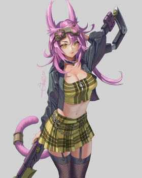 1girl absurdres animal_ears asymmetrical_bangs black_choker black_thighhighs breasts cat_ears cat_girl cat_tail choker cleavage closed_mouth commentary cowboy_shot crop_top cropped_shirt duel_monster english_commentary fishnet_thighhighs fishnets green_shirt green_skirt grey_background grey_jacket gun hand_up highres jacket large_breasts long_hair long_sleeves looking_at_viewer miniskirt navel o-ring o-ring_choker open_clothes open_jacket original pink_lips plaid_clothes plaid_shirt plaid_skirt pleated_skirt purple_hair shirt simple_background skirt solo standing stomach tail thighhighs tiger_june tri-brigade_ferrijit_the_barren_blossom weapon weapon_request yellow_eyes yu-gi-oh! zipper zipper_pull_tab