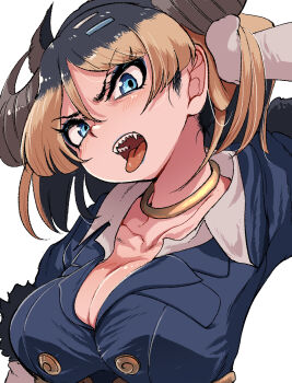 1girl animal_ears black_hair blonde_hair blue_eyes breasts choker cleavage cow_ears cow_girl cow_horns elbow_gloves extra_ears gloves gyumaou_(kemono_friends) hair_ornament hairpin highres horns jacket kemono_friends large_breasts looking_at_viewer mcgunngu multicolored_hair open_mouth shirt short_hair simple_background solo tongue tongue_out two-tone_hair upper_body