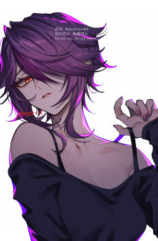 Rule 34 | 1girl, bare shoulders, black shirt, breasts, genshin impact, hair over one eye, highres, long hair, off shoulder, ojo aa, purple hair, purple nails, red eyes, rosaria (genshin impact), shirt, solo, white background