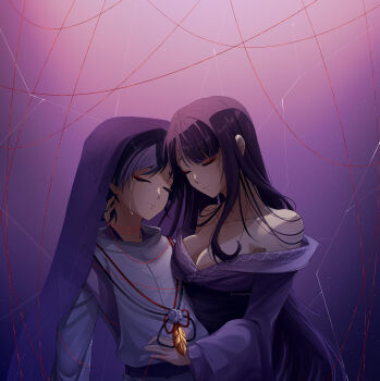 1boy 1girl absurdres alternate_costume bare_shoulders breasts carrying carrying_person cleavage closed_eyes closed_mouth collarbone commentary crack cracked_wall crying english_commentary eyeliner feather_necklace genshin_impact gradient_background hand_on_another&#039;s_neck head_tilt heads_together highres japanese_clothes jewelry kimono large_breasts leaning_back leaning_on_person leaning_to_the_side long_sleeves makeup mother_and_son necklace off_shoulder purple_background purple_hair purple_kimono raiden_shogun red_eyeliner scaramouche_(genshin_impact) scaramouche_(kabukimono)_(genshin_impact) string string_of_fate upper_body wide_sleeves zeronashh