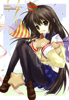 Rule 34 | 1girl, black pantyhose, blush, brown eyes, brown hair, clannad, confetti, copyright name, dot nose, english text, female focus, hair between eyes, hat, highres, hikarizaka private high school uniform, holding, ibuki fuuko, long hair, looking at viewer, open mouth, pantyhose, party hat, shoes, solo, star (symbol), sweater, turtleneck, turtleneck sweater, yukari higa