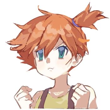 1girl :t artist_request bare_shoulders clenched_hands closed_mouth green_eyes hair_between_eyes hair_tie hands_up misty_(pokemon) nintendo orange_hair pokemon pokemon_(anime) pokemon_(classic_anime) ponytail pout shirt short_hair side_ponytail sleeveless sleeveless_shirt solo source_request suspenders upper_body v-shaped_eyebrows yellow_shirt