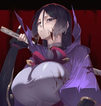 1girl absurdres blood bodysuit breasts fate/grand_order fate_(series) highres large_breasts looking_down meme minamoto_no_raikou_(fate) purple_eyes purple_hair simple_background slob_slime solo sword weapon