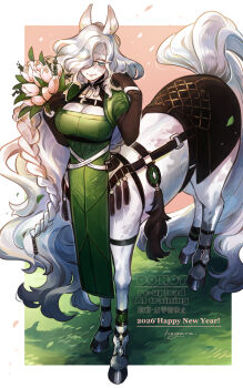 1girl animal_ears blue_eyes bouquet braid breasts centaur cleavage commentary_request flower highres hogara holding holding_bouquet hooves horse_ears horse_tail large_breasts long_hair monster_girl original outside_border pelvic_curtain simple_background smile solo tail taur white_hair