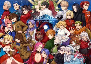 6+boys 6+girls absurdres ahoge air_bubble alice_(fate) animal_ear_fluff animal_ears anniversary archer_(fate) arcueid_brunestud arcueid_brunestud_(berserker) arm_around_neck armlet armor bare_shoulders beard belt bindi black-framed_eyewear black_armor black_bow black_bowtie black_dress black_gloves black_hair black_hat black_jacket black_pantyhose black_ribbon blonde_hair blue_bow blue_bowtie blue_dress blue_eyes blue_hair blue_kimono blue_ribbon bow bowtie bracelet braid braided_bun breasts brooch brown_eyes brown_hair brown_jacket brown_pants brown_skirt bubble cape cheek-to-cheek chinese_clothes cleavage clenched_teeth closed_eyes closed_mouth clown_mask copyright_name crossed_arms cu_chulainn_(fate) cu_chulainn_(fate/extra) dan_blackmore dark-skinned_female dark-skinned_male dark_skin detached_sleeves doll_joints dress earrings epaulettes everyone eyeliner facial_hair fate/extra fate_(series) fox_ears fox_girl fox_tail francis_drake_(fate) fur-trimmed_jacket fur_trim gatou_monji gawain_(fate) glasses gloves goatee gold_trim gradient_hair green_cape green_eyes green_hair green_shirt grey_eyes grin hair_between_eyes hair_bow hair_bun hair_intakes hair_over_shoulder hair_ribbon hair_slicked_back hand_on_another's_chest hand_up happy hat hat_ribbon heads_together highres hoop_earrings jacket japanese_clothes jewelry joints julius_belkisk_harway karokuchitose kimono kishinami_hakuno_(female) kishinami_hakuno_(male) large_breasts leaf leonard_bistario_harway li_shuwen_(fate) li_shuwen_(young)_(fate) light_blush locked_arms long_hair long_sleeves looking_at_another looking_at_viewer lu_bu_(fate) makeup mask matou_shinji_(fate/extra) multicolored_hair multiple_boys multiple_girls neck_ribbon nero_claudius_(fate) nero_claudius_(fate/extra) nursery_rhyme_(fate) one_eye_closed orange_hair orange_jacket outstretched_arm pants pantyhose parted_bangs pauldrons pink_hair pleated_skirt ponytail ponytail_holder purple_eyes purple_hair purple_shirt purple_skirt purple_thighhighs rani_viii red_belt red_cape red_dress red_eyeliner red_eyes red_hair red_jacket red_ribbon red_shirt ribbon robin_hood_(fate) run_ru saver_(fate/extra) scar scar_on_face school_uniform shirt short_hair shoulder_armor skirt sleeves_past_wrists smile striped_bow striped_bowtie striped_clothes sweatdrop sweater tail tamamo_no_mae_(fate) teeth thighhighs tohsaka_rin_(fate/extra) tsukumihara_academy_uniform_(fate/extra) turtleneck twice_h_pieceman twintails two_side_up v-neck vlad_iii_(fate/extra) white_bow white_bowtie white_hair white_hat white_jacket white_ribbon white_shirt white_sweater yellow-framed_eyewear yellow_eyes