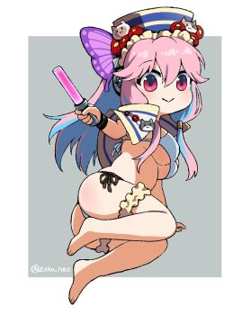 Rule 34 | 1girl, :>, ass, barefoot, bikini, blue hair, blush, border, breasts, butterfly hair ornament, colored inner hair, cosplay, creator connection, dan fei, dan fei (cosplay), frills, glowstick, hair ornament, hat, highres, holding, holding glowstick, jewelry, looking at viewer, multicolored hair, nitroplus, pink hair, red eyes, side-tie bikini bottom, simple background, smile, solo, super sonico, swimsuit, thighlet, thunderbolt fantasy, twitter username, underboob, white border, zako nee
