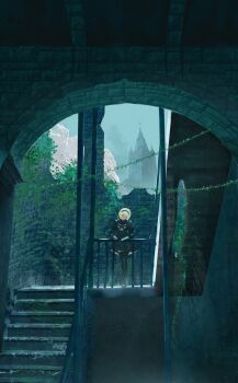 1girl 2b_(nier:automata) against_railing black_boots black_dress black_gloves black_hairband blue_eyes boots cleavage_cutout closed_mouth clothing_cutout crossed_legs day dress gloves hair_between_eyes hairband highres indoors jetstream012 nier:automata nier_(series) overgrown railing short_hair solo stairs standing thigh_boots white_hair wide_shot