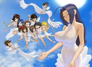 Rule 34 | 6+girls, ahoge, akizuki ritsuko, amami haruka, angel, angel wings, antenna hair, arrow (projectile), bare shoulders, black hair, blonde hair, blue eyes, blue hair, bow, bow (weapon), breasts, brown eyes, brown hair, cloud, cupid, day, dress, closed eyes, flying, folded ponytail, futami ami, futami mami, glasses, grin, hagiwara yukiho, hair bobbles, hair bow, hair ornament, heart, heart arrow, hoshii miki, idolmaster, idolmaster (classic), impossible clothes, impossible dress, impossible shirt, kikuchi makoto, kisaragi chihaya, large breasts, long hair, minase iori, miura azusa, multiple girls, one eye closed, open mouth, see-through clothes, shirt, short hair, siblings, side ponytail, sisters, sitting, skin tight, sky, smile, takatsuki yayoi, twins, twintails, wata do chinkuru, weapon, white dress, wings, wink