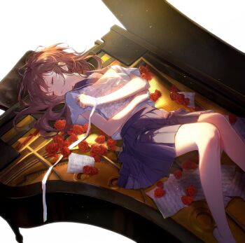 1girl bandaged_hand barefoot flower ichikawa_haru instrument lying original piano rose school_uniform serafuku sheet_music solo