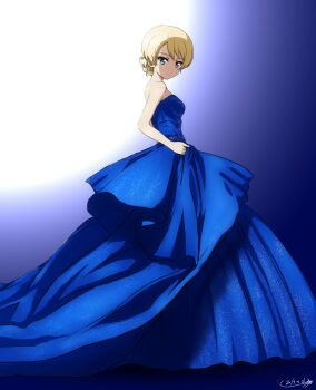 1girl artist_name bare_shoulders blonde_hair blue_background blue_dress blue_eyes braid bukkuri closed_mouth commentary_request darjeeling_(girls_und_panzer) dated dress dress_shirt female_focus formal_clothes from_side full_body girls_und_panzer gradient_background head_tilt layered_dress long_dress looking_at_viewer partial_commentary shirt short_hair signature smile solo standing strapless strapless_dress swept_bangs train_(clothing) white_background