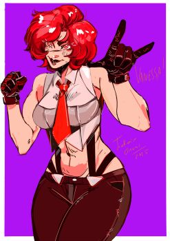 1girl absurdres breasts curvy female_focus formal_clothes gloves goth_fashion hand_up highres joukarim_onori jouky_salieri large_breasts leather lipstick looking_at_viewer makeup pale_skin pants red_eyes red_hair shirt short_hair smile smiley_face standing the_king_of_fighters thick_thighs thighs vanessa_(kof) white_shirt wide_hips