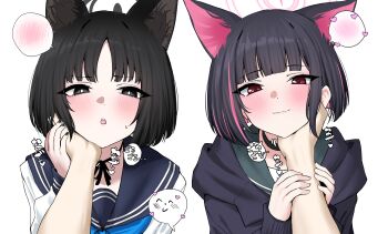 2girls animal_ear_fluff animal_ears black_choker black_eyes black_hair black_nails blue_archive blue_sailor_collar blush cat_ears cat_girl choker colored_inner_hair commentary_request doodle_sensei_(blue_archive) extra_ears grabbing_another&#039;s_chin halo hand_on_another&#039;s_chin hands_on_another&#039;s_shoulders highres holding_another&#039;s_arm kazusa_(blue_archive) kikyou_(blue_archive) multicolored_hair multiple_girls nichijou_(nichijoutouhou) open_mouth parted_bangs pink_hair pov sailor_collar sensei_(blue_archive) shirt short_hair spoken_character stroking_another&#039;s_chin sweatdrop two-tone_hair white_shirt
