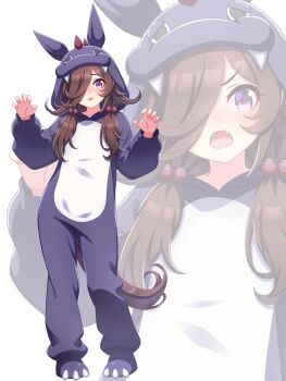 1girl animal_ears animal_hood blush brown_hair claws commentary_request ear_covers fangs flipped_hair hair_ornament hair_over_one_eye highres hokuyukis hood hood_up horse_ears horse_girl horse_tail long_hair long_sleeves looking_at_viewer onesie open_mouth purple_eyes rice_shower_(umamusume) tail twintails umamusume zoom_layer
