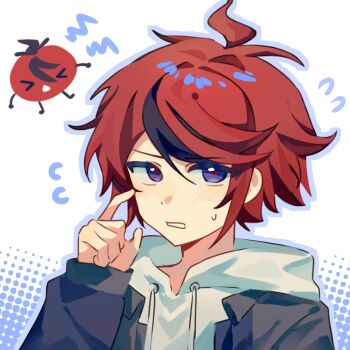 &gt;_&lt; 1boy ahoge black_hair black_jacket blue_eyes blue_outline blush chinese_commentary commentary_request drawstring finger_to_cheek flying_sweatdrops foodification gryzo hair_between_eyes hood hood_down hoodie jacket jacket_over_hoodie long_sleeves male_focus multicolored_hair open_clothes open_jacket outline portrait red_hair short_hair sleeves_past_wrists streaked_hair sumino_takumi sweat the_hundred_line_-last_defense_academy- tomato two-tone_hair white_hoodie