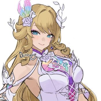 Rule 34 | 1girl, artist name, blonde hair, blue eyes, breasts, bunnyoki, commentary, cosplay, cyrene (demiurge) (honkai: star rail), cyrene (honkai: star rail), cyrene (honkai: star rail) (cosplay), dress, earrings, english commentary, flower, genshin impact, hair flower, hair ornament, highres, honkai: star rail, honkai (series), jewelry, large breasts, looking at viewer, mihoyo, navia (genshin impact), simple background, smile, white background, white dress