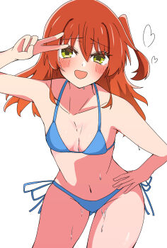 1girl absurdres bikini blue_bikini blush bocchi_the_rock! breasts commentary green_eyes hand_on_own_hip highres kita_ikuyo long_hair navel one_side_up open_mouth red_hair side-tie_bikini_bottom simple_background small_breasts solo stomach swimsuit urishima v wet white_background