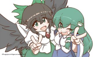 2girls bilingual_commentary bird_wings black_wings blush bow breasts brown_hair collared_shirt commentary detached_sleeves english_commentary feathered_wings frilled_shirt_collar frills frog_hair_ornament green_eyes green_hair green_skirt hair_bow hair_ornament highres kochiya_sanae korean_commentary long_hair looking_at_viewer mirae_somang mixed-language_commentary multiple_girls one_eye_closed open_mouth reiuji_utsuho shirt skirt smile snake_hair_ornament third_eye third_eye_on_chest touhou v very_long_hair white_shirt wings