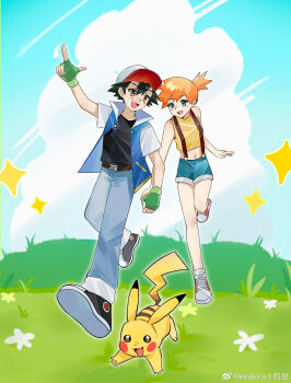 1boy 1girl :d absurdres arm_up artist_request ash_ketchum baseball_cap belt belt_buckle black_belt black_hair black_shirt blue_jacket brown_belt brown_eyes buckle cloud crop_top day denim denim_shorts fingerless_gloves flower gen_1_pokemon gloves grass green_eyes green_gloves green_shorts hat highres holding_hands jacket knees midriff misty_(pokemon) navel nintendo open_clothes open_jacket open_mouth orange_hair outdoors pants pikachu pointing pointing_up pokemon pokemon_(anime) pokemon_(classic_anime) ponytail running shirt shoes short_hair short_sleeves shorts side_ponytail sky sleeveless sleeveless_shirt smile sneakers source_request sparkle suspenders teeth tongue upper_teeth_only white_flower yellow_shirt
