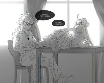 2girls absurdres bluish_gray_cat blush collared_shirt commentary contemporary curtains ear_blush glasses greyscale gundam gundam_suisei_no_majo hand_on_another's_thigh highres implied_masturbation indoors korean_text leg_between_thighs miorine_rembran monochrome multiple_girls no_shoes pantyhose pleated_skirt school_uniform shirt skirt speech_bubble suletta_mercury sweat teacher_and_student thick_eyebrows translation_request yuri