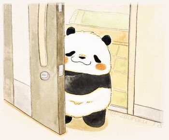 animal animal_focus bear blush_stickers commentary_request door ebinomaegami highres looking_at_viewer no_humans opening_door original panda