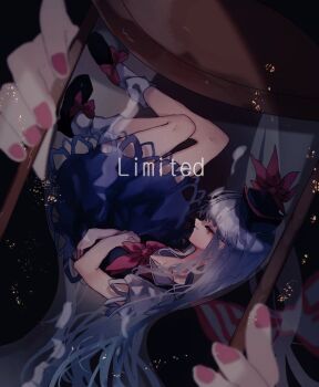 2girls black_background black_shoes blue_dress blue_hat bow bowtie closed_eyes commentary_request dress english_text footwear_bow fujiwara_no_mokou full_body grey_hair hat hourglass in_hourglass kamishirasawa_keine long_hair mini_person minigirl multiple_girls one-hour_drawing_challenge puffy_short_sleeves puffy_sleeves red_bow red_bowtie shinjitsu_no_kuchi shoes short_sleeves socks solo_focus touhou white_socks