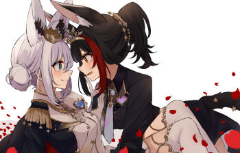 2girls ahoge animal_ear_fluff animal_ears black_cape black_hair black_shirt blush braid breasts bun_with_braided_base cape closed_mouth collared_shirt crown epaulettes fox_ears fox_girl fur-trimmed_cape fur_trim gloves gold_crown green_eyes hair_bun highres hololive index_finger_raised long_hair looking_at_another medium_breasts mini_crown multicolored_hair multiple_girls official_alternate_costume official_alternate_hairstyle ookami_mio open_mouth orange_eyes ponytail red_hair shirakami_fubuki shirakami_fubuki_(fbkingdom) shirt simple_background single_epaulette smile tail thighhighs tukijika virtual_youtuber white_background white_gloves white_hair white_shirt white_thighhighs wolf_ears wolf_tail yuri