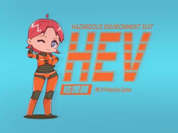 1girl absurdres ahoge aqua_background armor blue_eyes closed_mouth glitch half-life_(series) hand_on_own_hip hev_suit highres index_finger_raised lambda_symbol mixed-language_text notfuji one_eye_closed original parody pink_hair power_armor scanlines short_hair smile solo style_parody