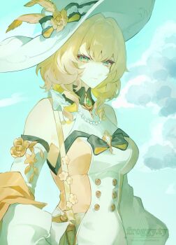 1girl aglaea_(honkai:_star_rail) aglaea_(mom&#039;s_touch)_(honkai:_star_rail) bag blonde_hair bow breasts detached_sleeves dress floral_print flower frogggyty gem green_eyes hashtag-only_commentary hat hat_flower hat_ornament highres honkai:_star_rail honkai_(series) jewelry large_breasts necklace official_alternate_costume pearl_necklace short_hair sun_hat yellow_dress