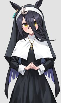 Rule 34 | 1girl, ahoge, alternate costume, animal ears, black dress, black hair, black veil, blush, closed mouth, coif, collar, colored inner hair, commentary request, cross, cross necklace, dress, ear tag, earrings, hair between eyes, highres, horse ears, horse girl, interlocked fingers, jewelry, kuronosu (yamada1230), latin cross, long bangs, long hair, long hair between eyes, long sleeves, looking at viewer, manhattan cafe (umamusume), multicolored hair, necklace, nun, own hands together, purple hair, simple background, smile, solo, traditional nun, two-tone hair, umamusume, veil, very long hair, white collar, white hair, yellow eyes