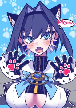 1girl absurdres black_gloves blue_background blue_bow blue_bowtie blue_eyes blue_hair blush bow bow_earrings bowtie breasts cat_girl claw_pose cleavage cleavage_cutout clothing_cutout commentary earrings extra_ears eyelashes fangs frilled_sleeves frills gloves grey_sleeves hair_intakes hands_up heart-shaped_gem highres hololive hololive_english jewelry large_breasts looking_at_viewer meowing open_mouth ouro_kronii ouro_kronii_(1st_costume) shirt short_hair solo speech_bubble tsurime upper_body white_shirt zenox5300 zipper