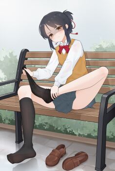 Rule 34 | 1girl, absurdres, bench, black hair, blush, brown eyes, feet, highres, kimi no na wa., loafers, long hair, looking at viewer, miyamizu mitsuha, see-through clothes, see-through legwear, shaded face, shoes, sitting, socks, soles, toes, unworn shoes, unworn socks, wl217 (nicexa111)