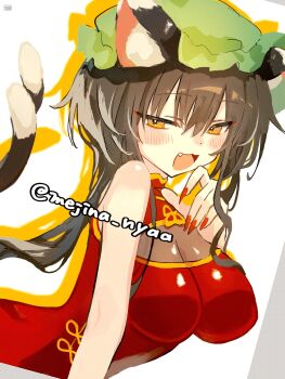 1girl :3 :d aged_up alt_text animal_ear_fluff animal_ears blush breasts brown_hair cat_ears cat_girl cat_tail chen china_dress chinese_clothes cleavage commentary_request dress fang fingernails green_hat hat highres large_breasts long_fingernails long_hair looking_at_viewer mejina_nyaa mob_cap multiple_tails open_mouth orange_eyes red_nails simple_background smile solo tail touhou twitter_username two_tails white_background