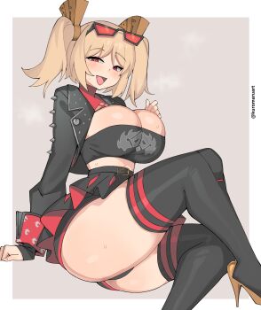 1girl absurdres arm_at_side artist_name black-framed_eyewear black_jacket black_shorts black_skirt black_thighhighs black_tube_top blonde_hair blush breasts burnice_white cleavage cropped_jacket dot_nose eyebrows_hidden_by_hair feet_out_of_frame female_focus fingernails grey_background hand_up high_heels highres jacket knee_up kuromaruart large_breasts leather leather_jacket looking_at_viewer medium_hair midriff mihoyo miniskirt multicolored_jacket naughty_face open_clothes open_jacket open_mouth red-tinted_eyewear red_eyes red_jacket red_shorts red_skirt shoes shorts shorts_under_skirt sitting skirt smile solo strapless sunglasses_on_head thick_thighs thighhighs thighs tinted_eyewear tube_top twintails two-tone_background two-tone_jacket two-tone_shorts two-tone_skirt white_background yellow_shoes zenless_zone_zero