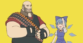 1boy 1girl animated animated_gif bald beard_stubble black_gloves black_vest blue_bow blue_dress blue_hair blush_stickers bow bowtie brown_collar cirno clenched_hands closed_eyes collar collared_shirt crossover dress facial_hair fairy fairy_wings fingerless_gloves gloves hair_bow heavy_(tf2) height_difference high_collar ice ice_wings looping_animation lowres muscular muscular_male open_mouth puffy_short_sleeves puffy_sleeves red_bow red_bowtie red_heavy_(tf2) red_shirt sdz_(inazuma) shell_casing shirt short_hair short_sleeves sleeveless sleeveless_dress smile stubble team_fortress_2 teeth thick_eyebrows touhou upper_body vest white_shirt wings yellow_background