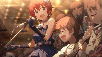 1boy 1girl :d blue_dress breasts brown_hair child choker closed_eyes commentary_request dress earrings elbow_gloves flower_choker game_cg gloves guitar hair_ornament holding holding_guitar holding_instrument idolmaster idolmaster_million_live! idolmaster_million_live!_theater_days instrument jewelry julia_(idolmaster) lens_flare light_particles microphone microphone_stand music official_alternate_costume official_art open_mouth playing_guitar playing_instrument red_hair short_hair smile standing third-party_source