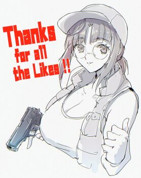 Rule 34 | breasts, cleavage, commentary request, crop top, field cap, fio germi, glasses, gun, highres, holding, holding gun, holding weapon, madsensei, metal slug, monochrome, round eyewear, smile, solo, tank top, thumbs up, weapon, white background, white tank top
