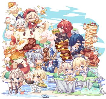 4boys 5girls :d absurdres ahoge albedo_(genshin_impact) automaton_(object) barbara_(genshin_impact) barbara_(summertime_sparkle)_(genshin_impact) black_hair blonde_hair blue_eyes bread bread_slice brown_hair burger newsboy_cap chibi chicken-mushroom_skewer_(genshin_impact) chicken_(food) clover_print commentary_request detached_sleeves diluc_(genshin_impact) drill_hair eating egg_(food) eyepatch fish-flavored_toast_(genshin_impact) fisherman&#039;s_toast_(genshin_impact) fishy_toast_(genshin_impact) flower food fork fried_egg full_body gelatin genshin_impact hair_between_eyes hair_flower hair_ornament halo hat hat_feather hat_ornament highres holding holding_food iran_stn jean_(genshin_impact) jean_(sea_breeze_dandelion)_(genshin_impact) jumpy_dumpty kaeya_(genshin_impact) klee_(genshin_impact) light_brown_hair lighter-than-air_pancake_(genshin_impact) long_hair long_sleeves looking_at_viewer low_ponytail low_twintails lumine_(genshin_impact) maguu_kenki_(genshin_impact) mechanical_halo multiple_boys multiple_girls open_mouth outrider&#039;s_champion_steak!_(genshin_impact) paimon_(genshin_impact) pancake pizza ponytail razor_(genshin_impact) red_eyes red_hair revision short_hair short_hair_with_long_locks sidelocks sitting skewer smile steak sticky_honey_roast_(genshin_impact) sunny_side_up_egg sweet_madame_(genshin_impact) teyvat_charred_egg_(genshin_impact) toast twin_drills twintails yellow_eyes