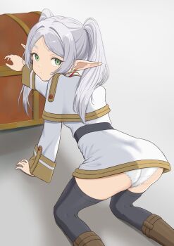 1girl all_fours ass black_thighhighs capelet closed_mouth commentary_request crotch_seam dress earrings elf expressionless feet_out_of_frame forehead frieren from_behind gold_trim green_eyes grey_background grey_hair hair_intakes hand_up highres jewelry long_hair long_sleeves looking_back panties pantyshot parted_bangs pointy_ears rora_(user_vgpk4444) short_dress short_eyebrows simple_background solo sousou_no_frieren teardrop_earrings thighhighs treasure_chest turning_head twintails underwear white_capelet white_dress white_panties
