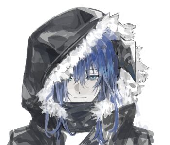 Rule 34 | 1girl, arknights, black jacket, blue eyes, blue hair, closed mouth, demon horns, fur-trimmed hood, fur trim, highres, hood, hood up, horns, jacket, long hair, looking at viewer, mostima (arknights), one eye covered, simple background, smile, solo, upper body, white background, xian qishui