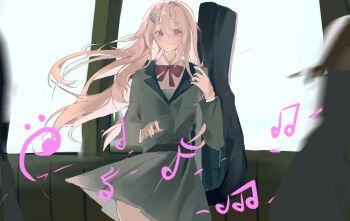 Rule 34 | 1girl, backlighting, belt, black belt, blurry, blush, bow, bowtie, collared shirt, commentary request, cowboy shot, depth of field, floating clothes, floating hair, grey jacket, grey skirt, guitar case, hair between eyes, hair ornament, hairclip, hand up, harumi ena, highres, indoors, instrument case, jacket, limelight lemonade jam, long hair, long sleeves, looking at viewer, medium skirt, musical note, parallel hairclips, parted lips, pink hair, pleated skirt, red bow, red bowtie, red eyes, school uniform, shiro rei419, shirt, sketch, skirt, solo, suit jacket, very long hair, white shirt, wind, window