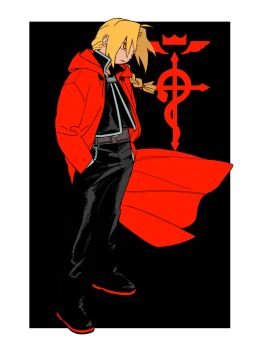 1boy belt black_pants black_shirt black_shoes blonde_hair border braid brown_belt closed_mouth coat collared_shirt edward_elric fullmetal_alchemist hands_in_pockets highres hood hood_down hooded_coat long_hair long_sleeves ls182_520 male_focus pants red_coat shirt shoes single_braid solo standing white_border white_trim yellow_eyes