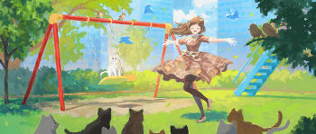 1girl :d black_pantyhose blue_sky brown_dress brown_eyes brown_hair bush cat cloud collared_dress commentary_request day dress floating_hair high_heels highres idolmaster idolmaster_million_live! kitazawa_shiho long_hair open_mouth outdoors outstretched_arms pantyhose playground sky slide smile solo spread_arms standing standing_on_one_leg swing_set te_(rawv7744) too_many too_many_cats tree white_cat