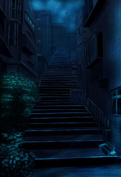 Rule 34 | absurdres, alley, building, bush, commentary request, highres, night, no humans, original, outdoors, pizza (pddc8233), power lines, scenery, stairs, star (sky), urban, utility pole